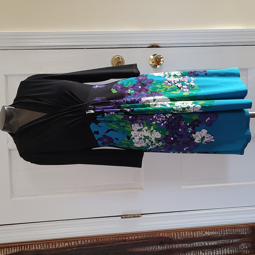 Vintage V Neck Donna Morgan 6P Dress Black w/ Floral Vibrant